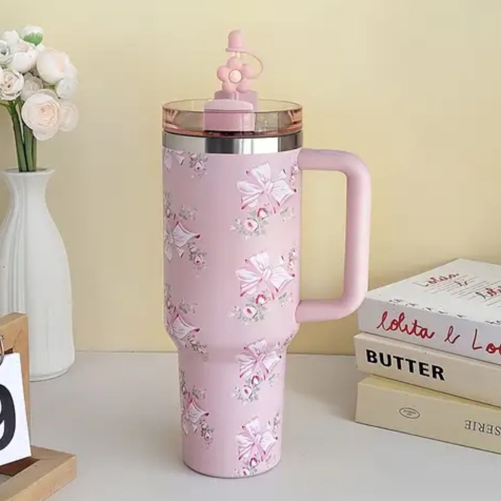 {NIB} 40oz Floral Print Tumbler with Pink Lid and Handle